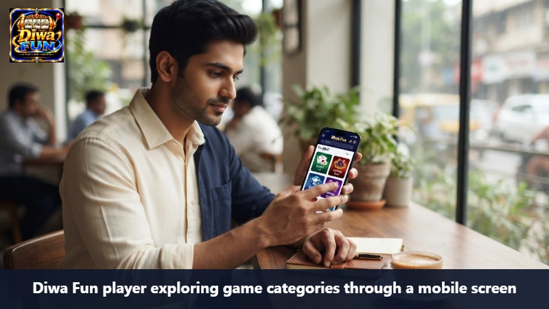 Diwa Fun player exploring game categories through a mobile screen